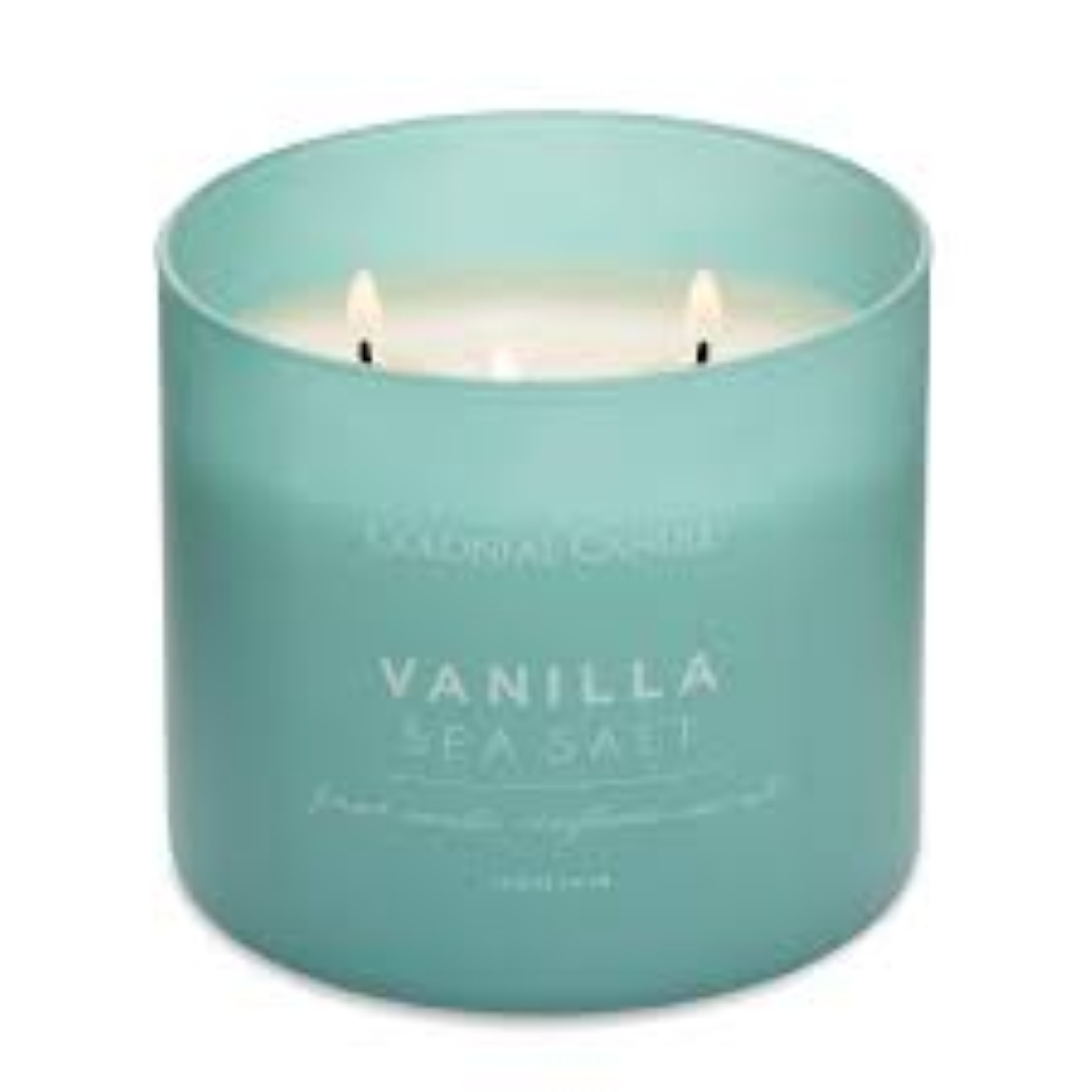 4.5 OZ VANILLA SEA SALT BLUE GLASS CANDLE